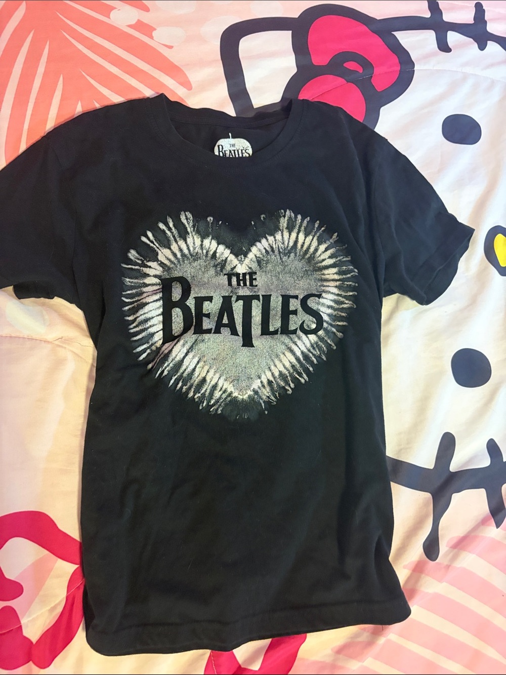 The Beatles Women's Black Short Sleeve Tee with White Heart Graphic